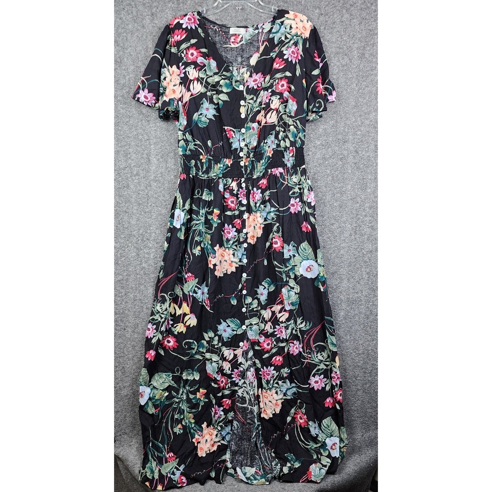Pinup Fashion Maxi Dress Womens 22W‎ Black Floral Smocked Waist Excellent Retro